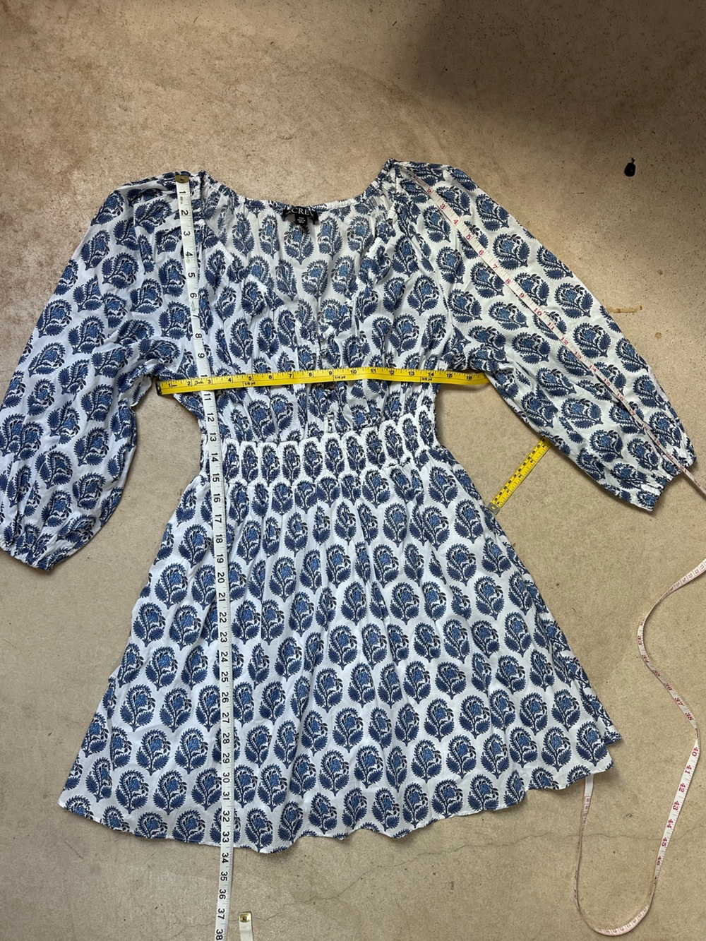 J.Crew V-Neck Mini Dress XXS Blue White Bouquet Block Print Cotton Smocked - Picture 8 of 11